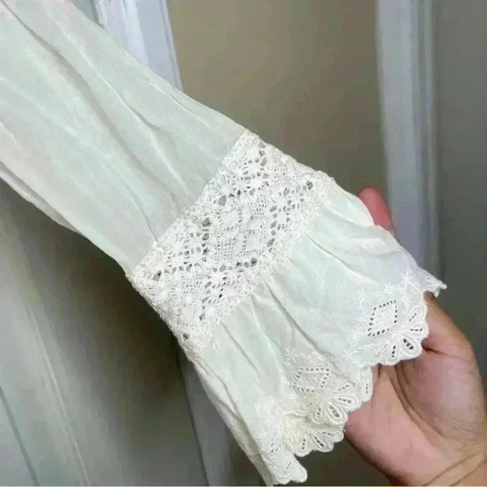 Free People Sheer Eyelet Detail White Boho Top Sz XS